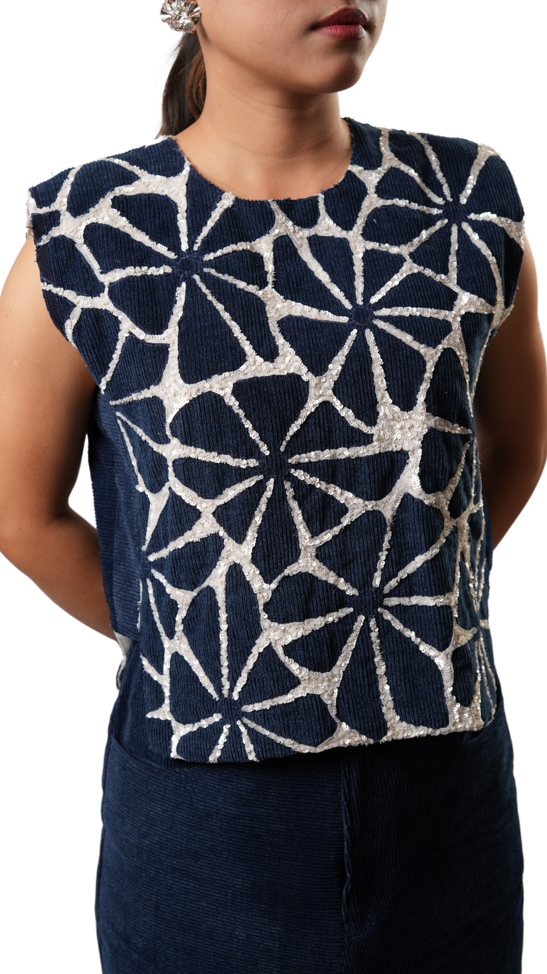 DENIM FOLD BIB TOP WITH DENIM SLIT SKIRT