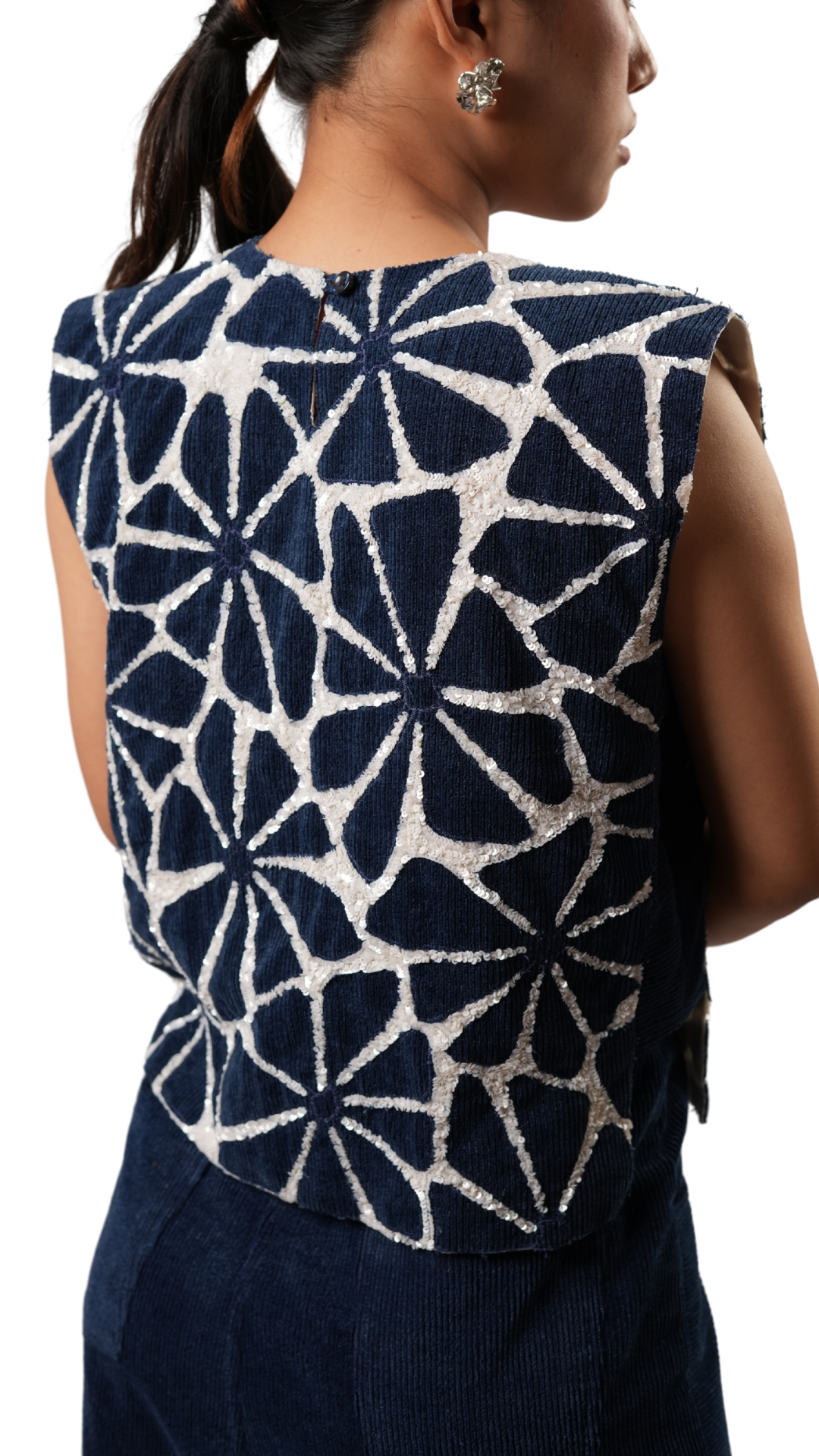 DENIM FOLD BIB TOP WITH DENIM SLIT SKIRT