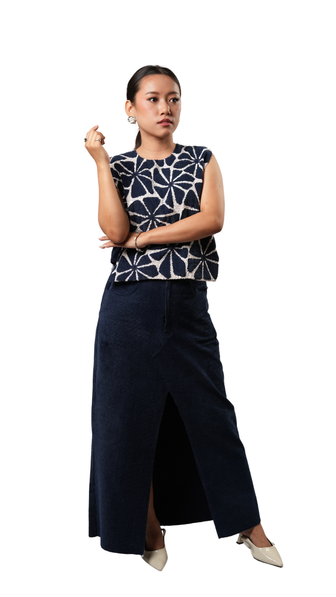 DENIM FOLD BIB TOP WITH DENIM SLIT SKIRT