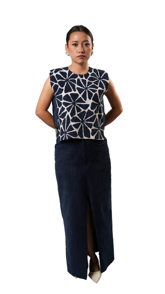 DENIM FOLD BIB TOP WITH DENIM SLIT SKIRT