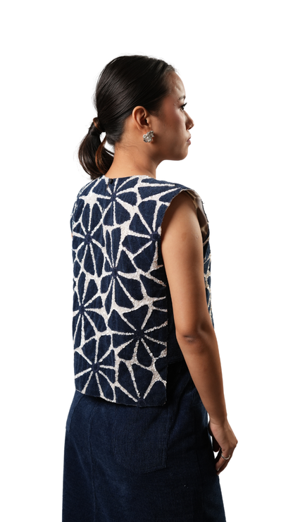 DENIM FOLD BIB TOP WITH DENIM SLIT SKIRT