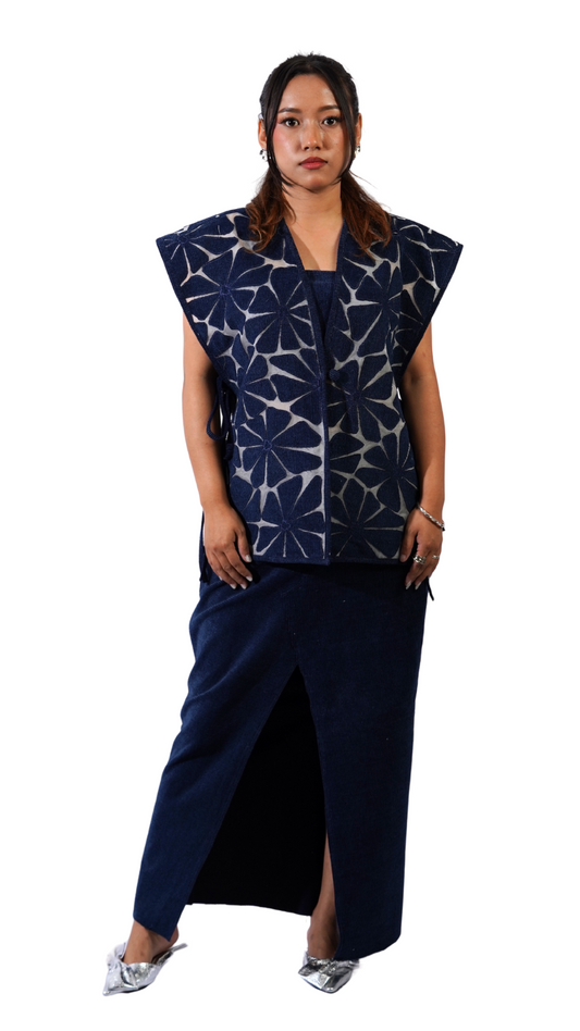 DENIM SURFACE TOP WITH SLIT SKIRT